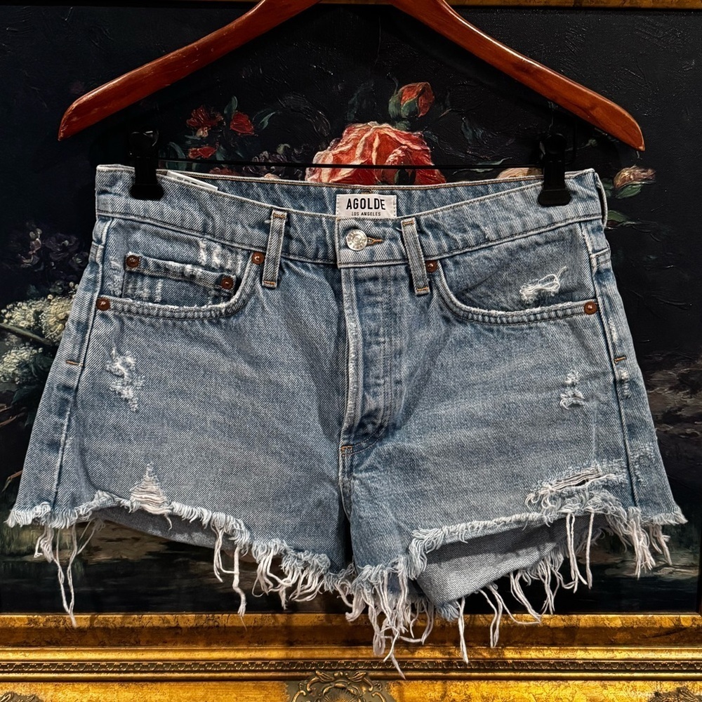 Agolde Light Wash Distressed Ripped High Waist Denim Shorts Size 26 Used